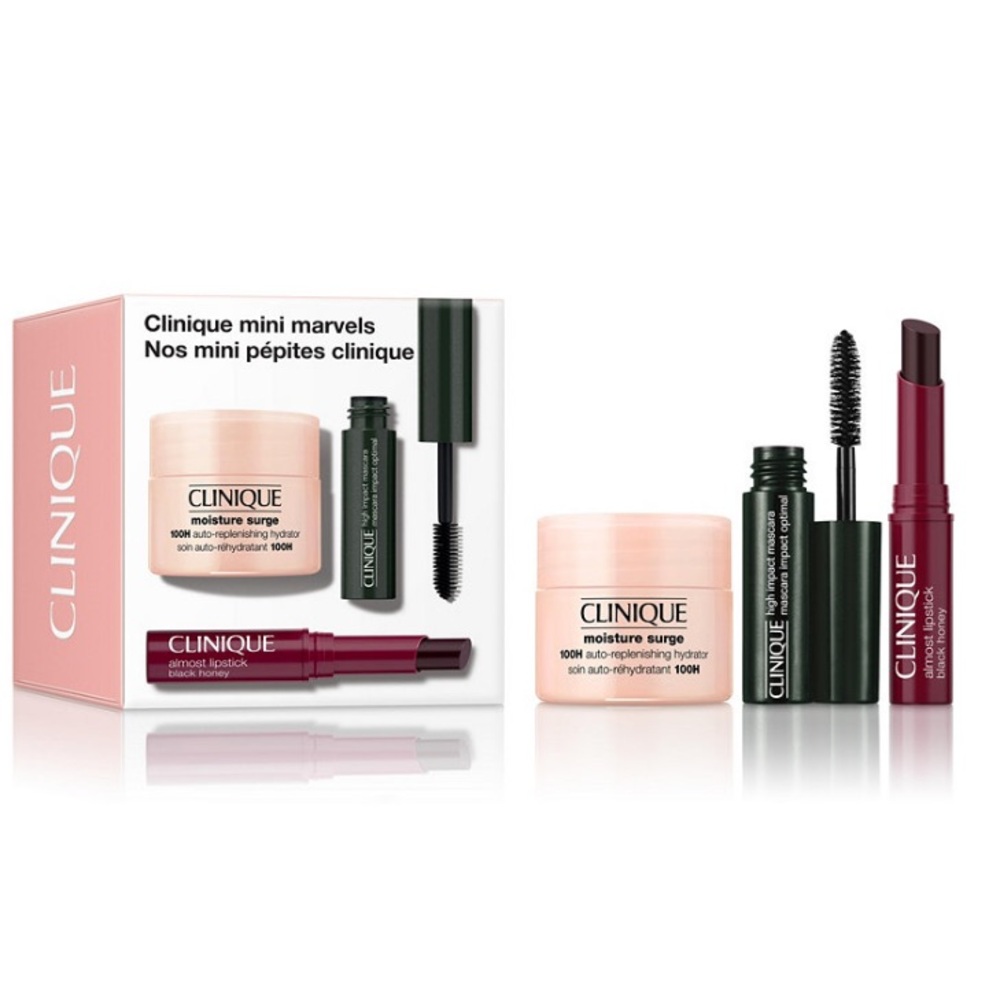 Clinique mini marvels makeup lipstick mascara moisture surge lotion set of 3